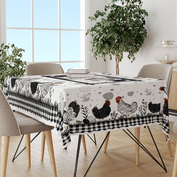 White Border Black Rooster Rectangle Tablecloth, Summer Rustic Printed Decor, Wrinkle Resistant Durable Cover for Farmhouse Parties & Banquets