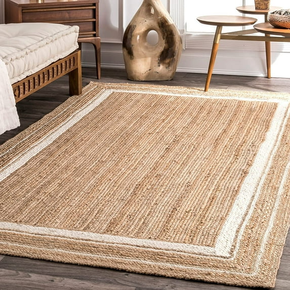 White Border Natural Jute Beige Avgari Creation Hand Braided Pattern Area Rug Carpet-10"Sq Feet (120 inch)