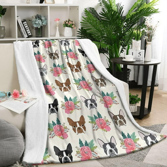 White Boston Terrier and Flower Blanket,Comfortable Soft Flannel Throw Blanket,All Season,Warm Lightweight Blankets for Sofa Bed Couch Living Room Chair,50"x60"(130x150cm)
