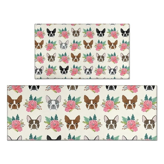 White Boston Terrier and Flower Kitchen Rugs Sets Of 2,Anti Fatigue Kitchen Mat Rugs Non Slip Washable,Decorative Kitchen Floor Mats for Kitchen,Sink,Laundry,17"x30"+17"x47"