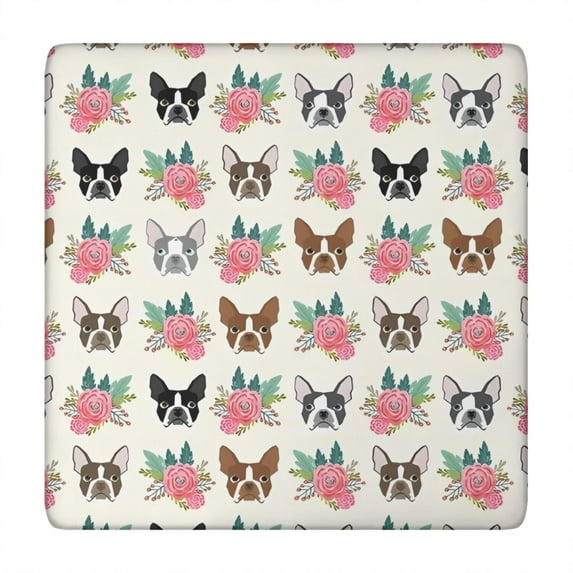 White Boston Terrier and Flower Square Fitted Tablecloth with Elastic Edge,Square Table Cover,Washable Elastic Table Cover for Home Kitchen Party Decor 34"x34"