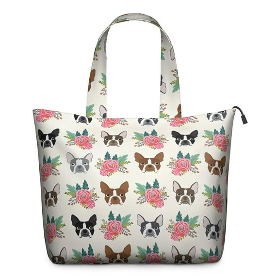 White Boston Terrier and Flower Travel Tote Bags for Women Carry On,Large Weekender Bags for Women Travel,Multi Functional Duffle Bag for Work,Shopping,Sports