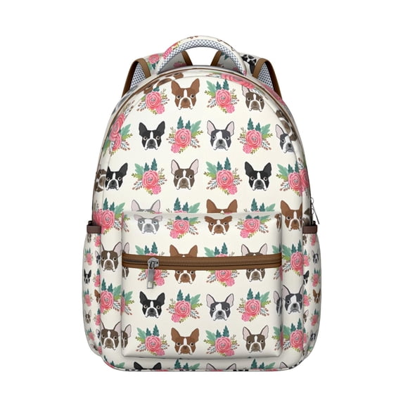 White Boston Terrier and Flower Backpack for School,Cute School Bag,Schoolbag with Adjustable Shoulder Straps & Padded Back,15.3"x11"x7.1".