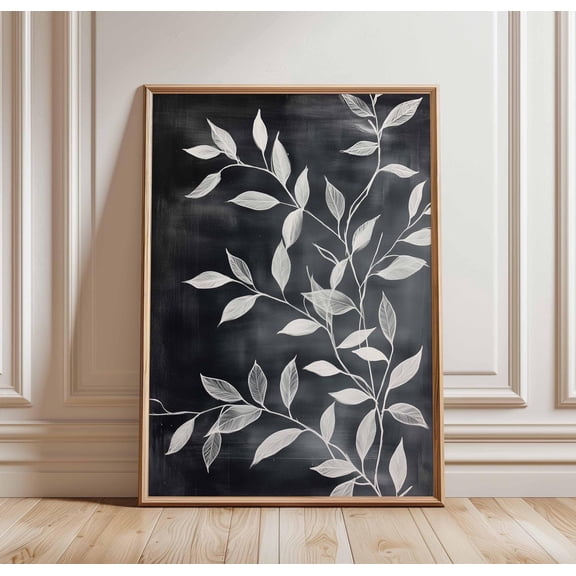 White Botanical Leaves Poster Chalkboard Style Art Print Minimalist Nature Wall Decor Blac
