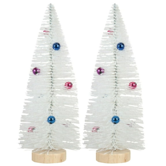 White Bottle Brush Christmas Trees with Ball Ornaments, 7.625 Inches Festive Holiday Artificial Plant Miniature Winter Seasonal Occasional Design Display Centerpiece Pack of 2