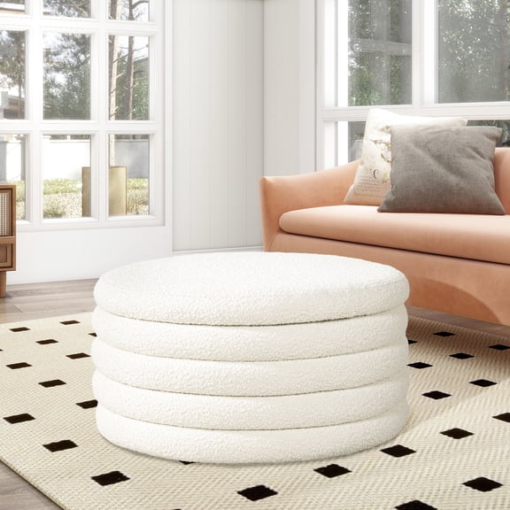 White Boucle 36" - Soft Upholstery, High Density Foam Core, Stable Inner Wood Frame, Skid- Base Round Upholstered Structure, Slip Feet