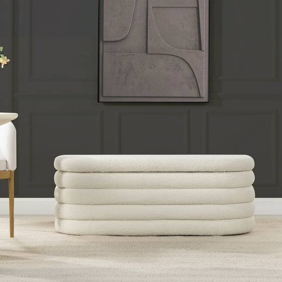 White Boucle 49" Storage With Hidden Compartment Oval Bench Upholstery, Solution For Home