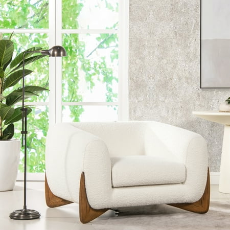 White Boucle Arm Chair, 44", Removable Cushion For Hassle- Cleaning 44" Chair In Boucle, Foam Filled Seat Optimal Comfort
