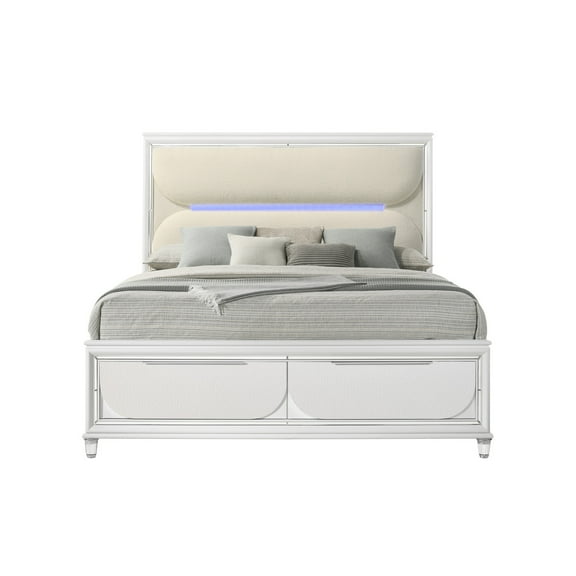 White Boucle Bed With Storage And Led. E King. Optimal Support 13 Slats. Acrylic Synthetic Wood. Padded Headboard For Relaxation & Pearl Ek Led Storage. No Box Spring. Convenient Drawers