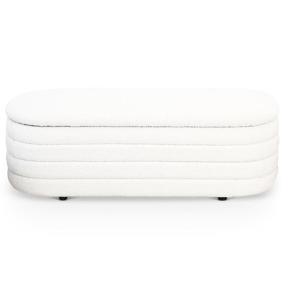 White Boucle Bench with Flip - Top Storage | Ideal for Bedroom Decoration | Teak Wood Construction | Functional and Stylish
