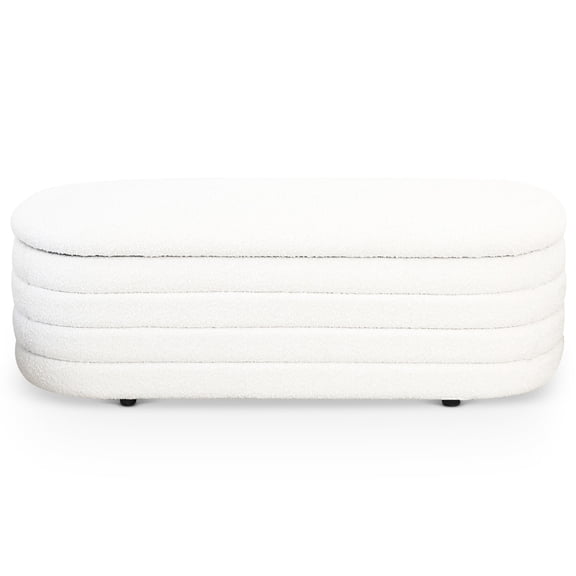 White Boucle Bench with Storage - Versatile Use as Ottoman, Quick 10-Minute Assembly