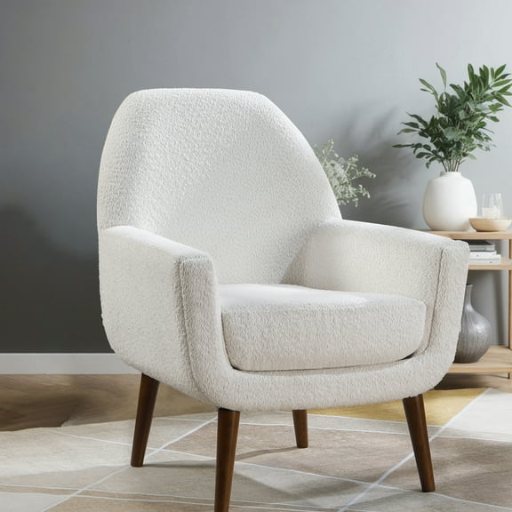 White Boucle Chair, Curved Front And Back, Solid Wood Frame, Foam Arm Upholstery, Filled, Legs,
