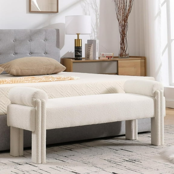 White Boucle End of Bed  53 Inch Long Ottoman  Sherpa Padded Bedroom  Upholstered Modern Entryway  for Bedroom/Living Room/Foyer