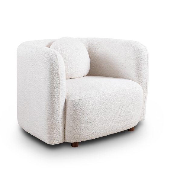 White Boucle Fabric Accent Armchair, 39.37 x 34.25 x 28.35 Inch Japandi Style Single Cloud Sofa Chair, Upholstered 1-Seater Couch with Round Pillow, for Living Room Bedroom Reading Nook Decor