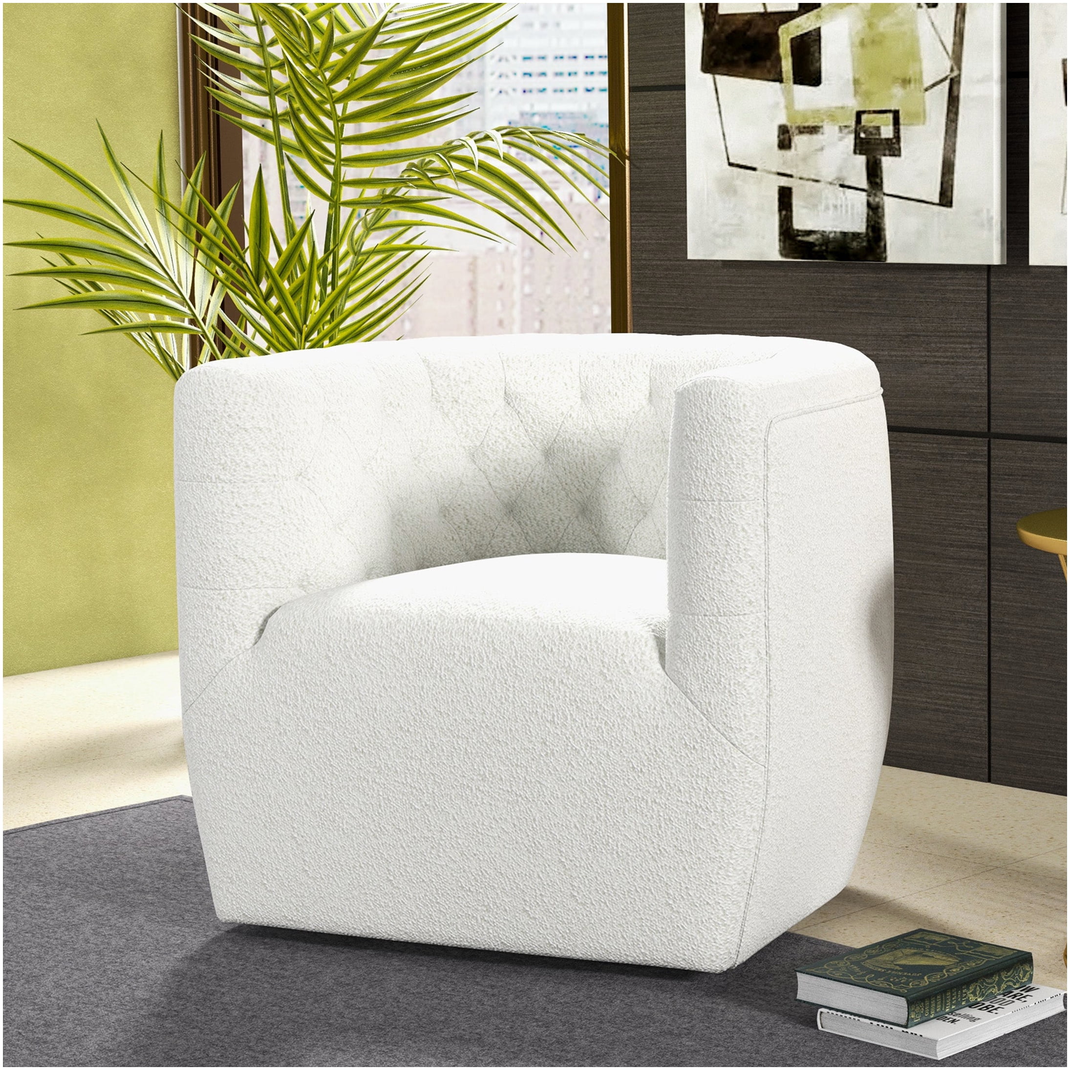 White Boucle Fabric Swivel Chair with Mid-Century Modern Design for ...
