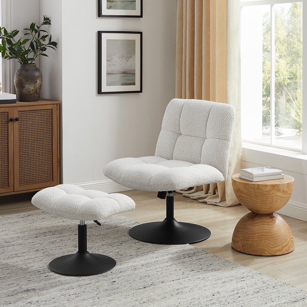 White Boucle Height Adjustable Swivel Accent Chair & Ottoman Sets ...