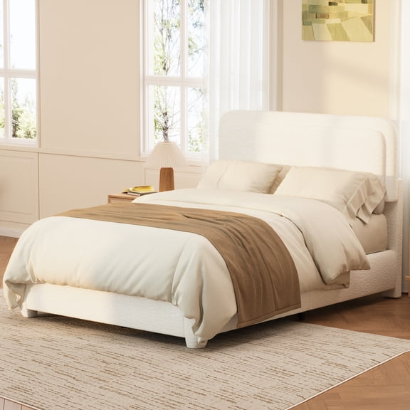 White Boucle Queen Bed Frame with Adjustable Height Curved Cloud Headboard No Box Spring Needed