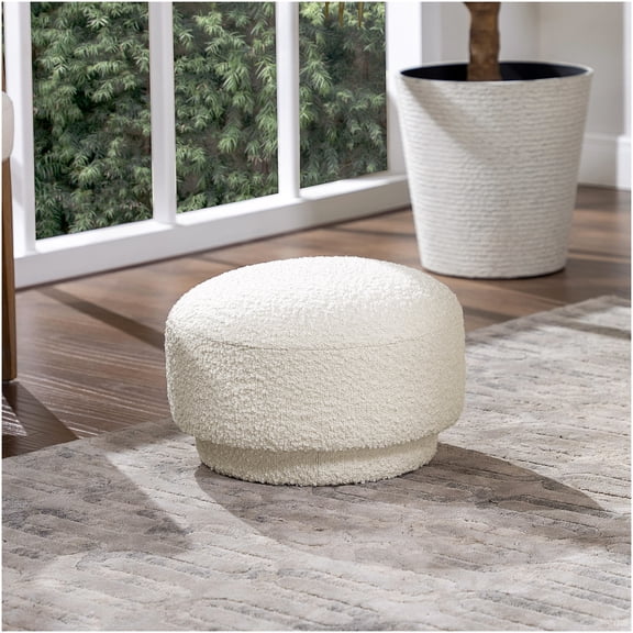 White Boucle Round Mushroom Ottoman Footstool, 15" Diameter Small Accent Stool for Living Room