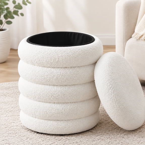 White Boucle Round Storage Ottoman, Sherpa Upholstered Foot Stool for Living Room Bedroom Entryway Decor and Seating