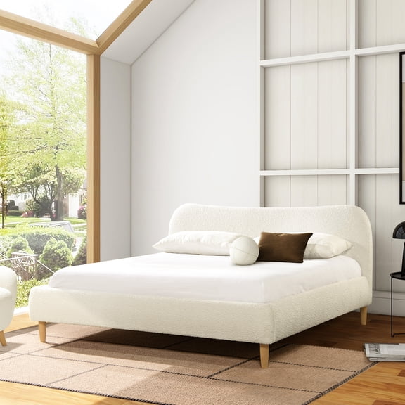 White Boucle Upholstered King Platform Bed With Captivating Curved Head Nuance Charming Attribute