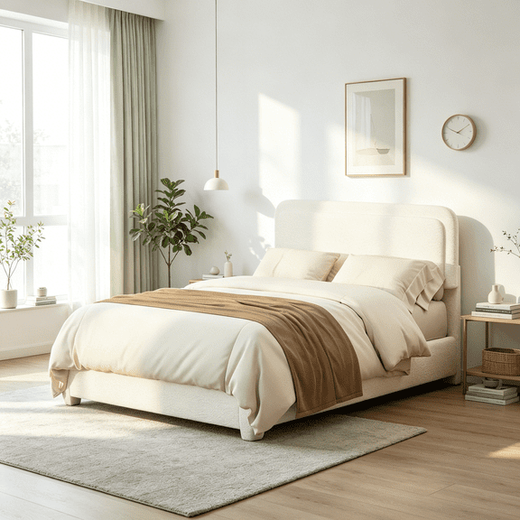 White Boucle Upholstered Queen Platform Bed Frame with Adjustable Curved Headboard, Modern Low Profile Bed, No Box Spring Needed, Easy Assembly