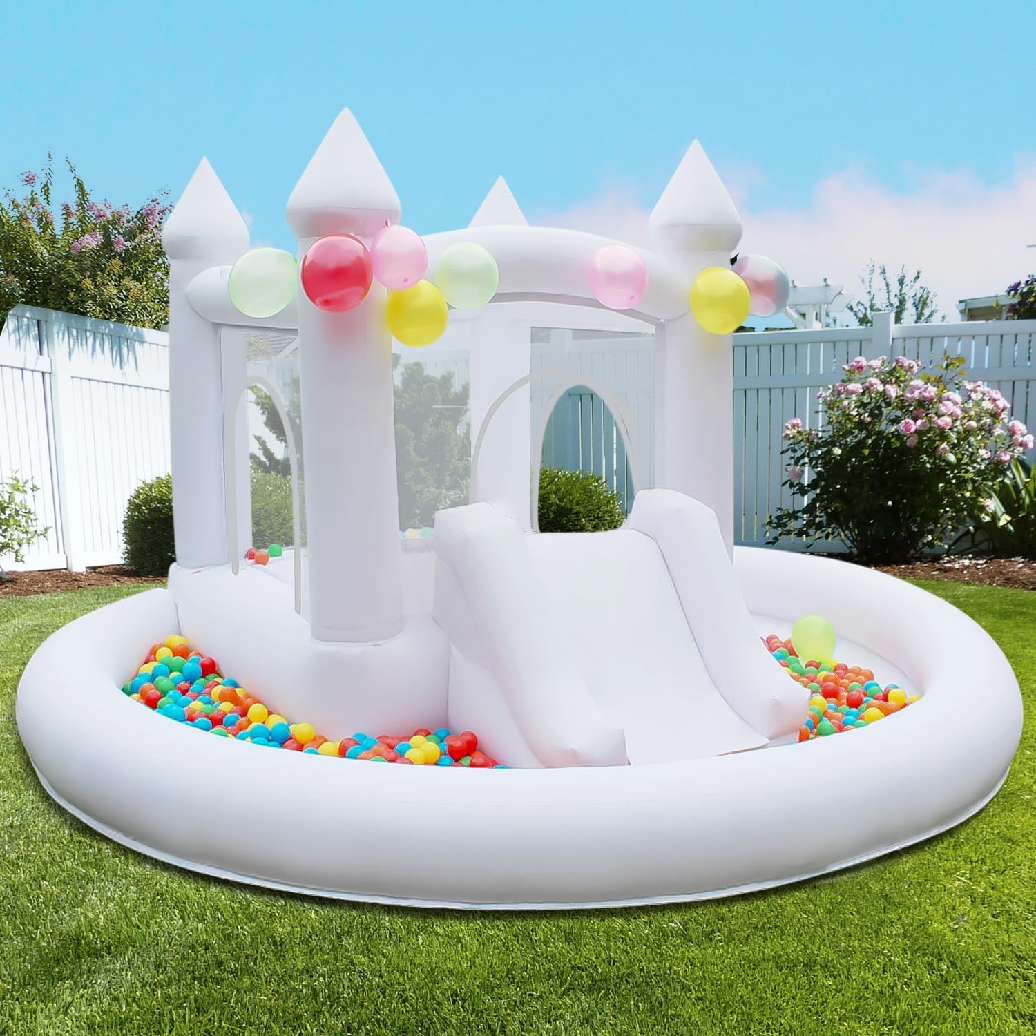 White Bounce House with Ball Pit, Indoor & Outdoor Bouncy Castle with Slide and Blower for Kids