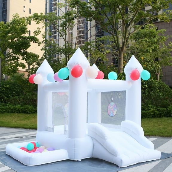 White Bounce House, Inflatable Trampoline with Air Blower, Jumping Castle with Slide, Family Backyard Inflatable Castle for Wedding Party Kids Birthday Party(9FT)