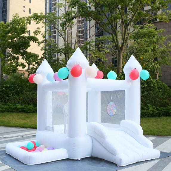 White Bounce House, Inflatable Trampoline with Air Blower, Jumping Castle with Slide, Family Backyard Inflatable Castle for Wedding Party Kids Birthday Party(9FT)