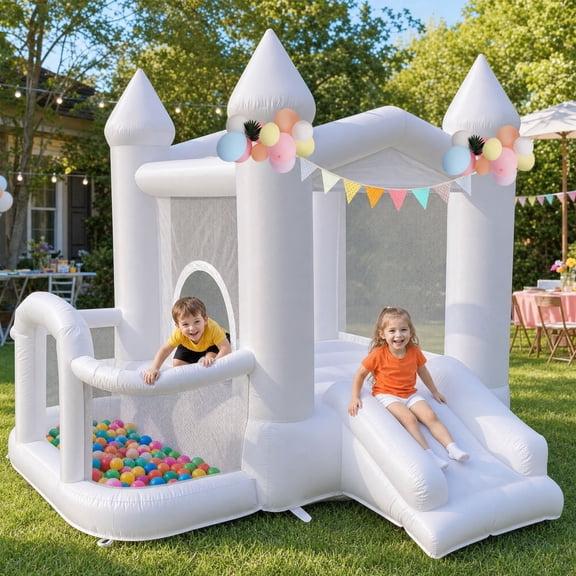 White Bounce House, Linor 9FT Inflatable Bounce House for Kids, 840D Oxford Cloth Bounce House with Slide, Castle Style Bouncy House with Blower, Easy to Set up, Party & Birthday & Gift