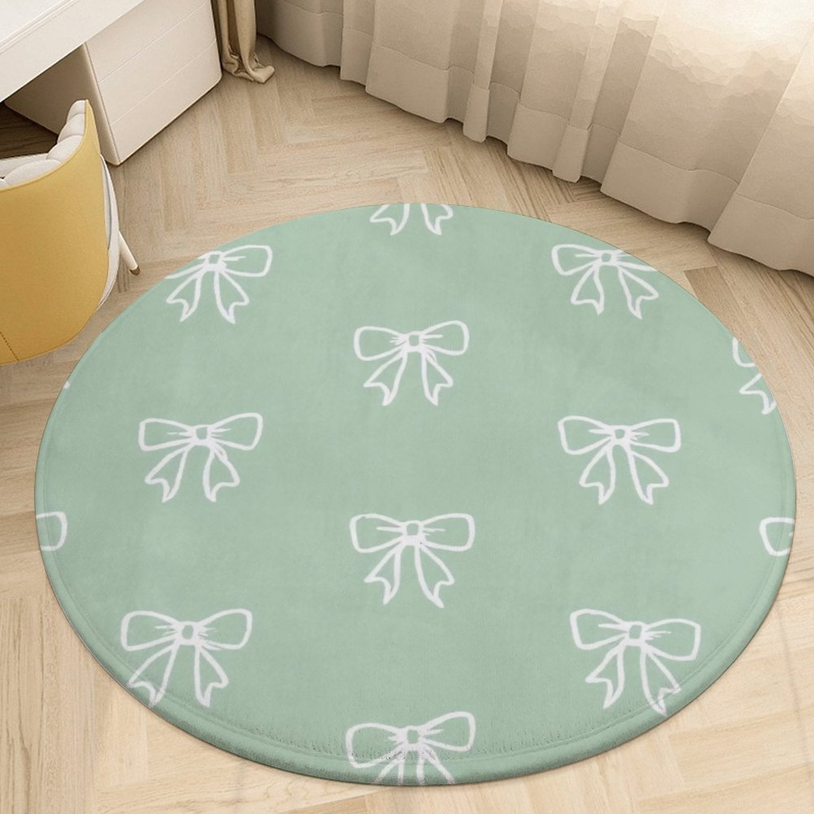 White Bow Pattern on Mint Green Background Round Area Rugs for Bedroom ...