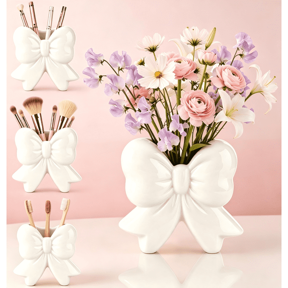 White Bow Vase , Coquette Ceramic Vase - Multifunctional Pen & Makeup Brush Holder, Contemporary Home Office Decor, Perfect Christmas Gift for Women (4.5x1.9x4.7 in)