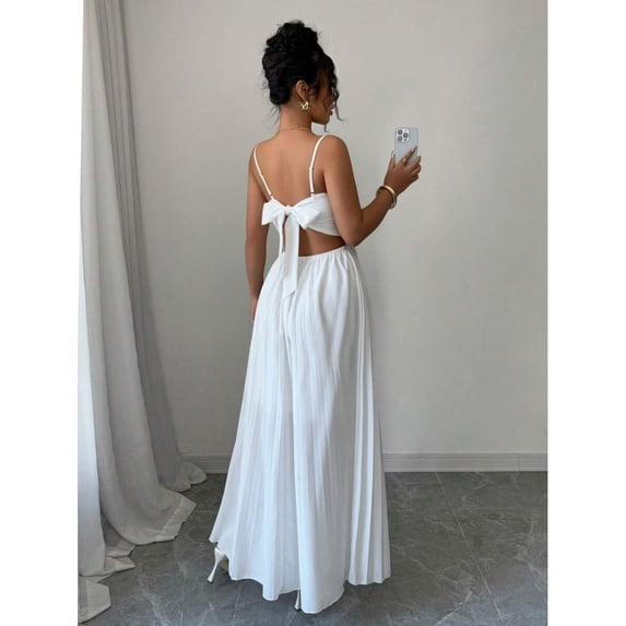 White Bowknot Pleated A-Line Waisted Slim Strap Maxi Dress For Women