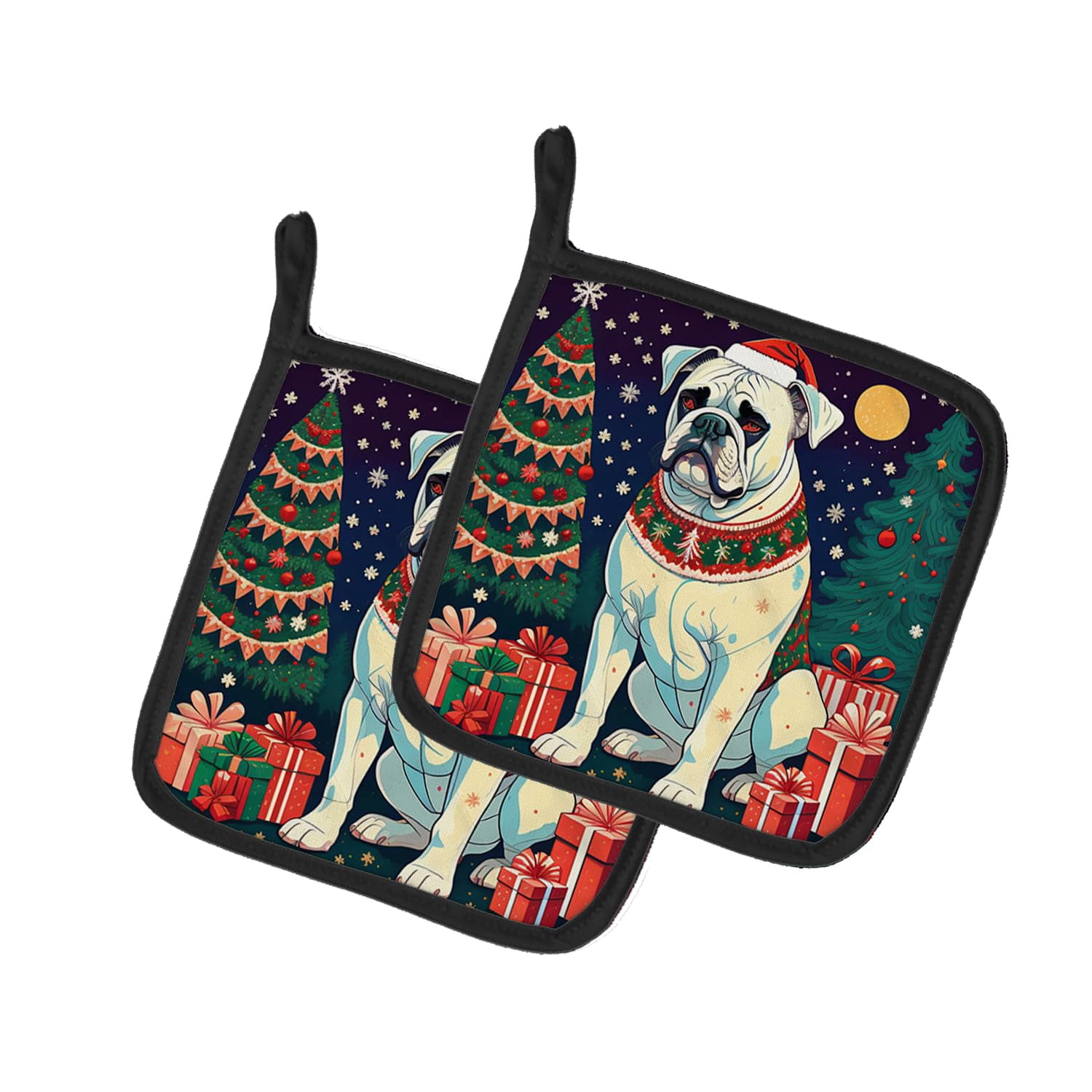 White Boxer Christmas Pair of Pot Holders 7.5 in x 7.5 in