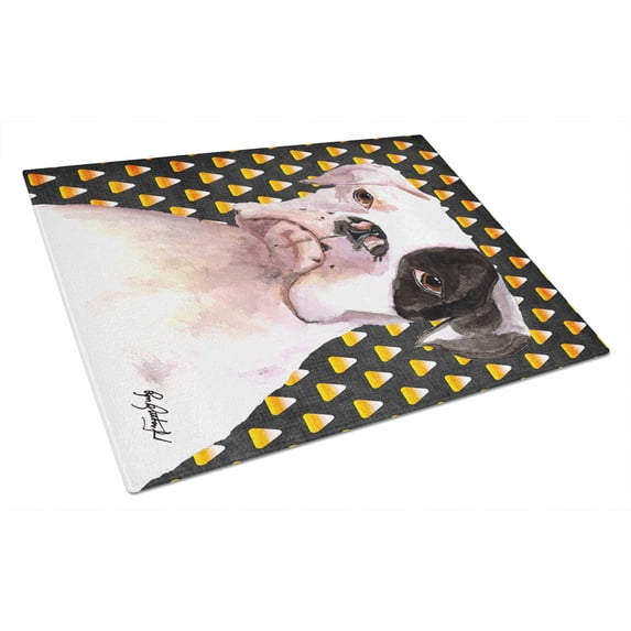 White Boxer Cooper Candy Corn Glass Cutting Board Large