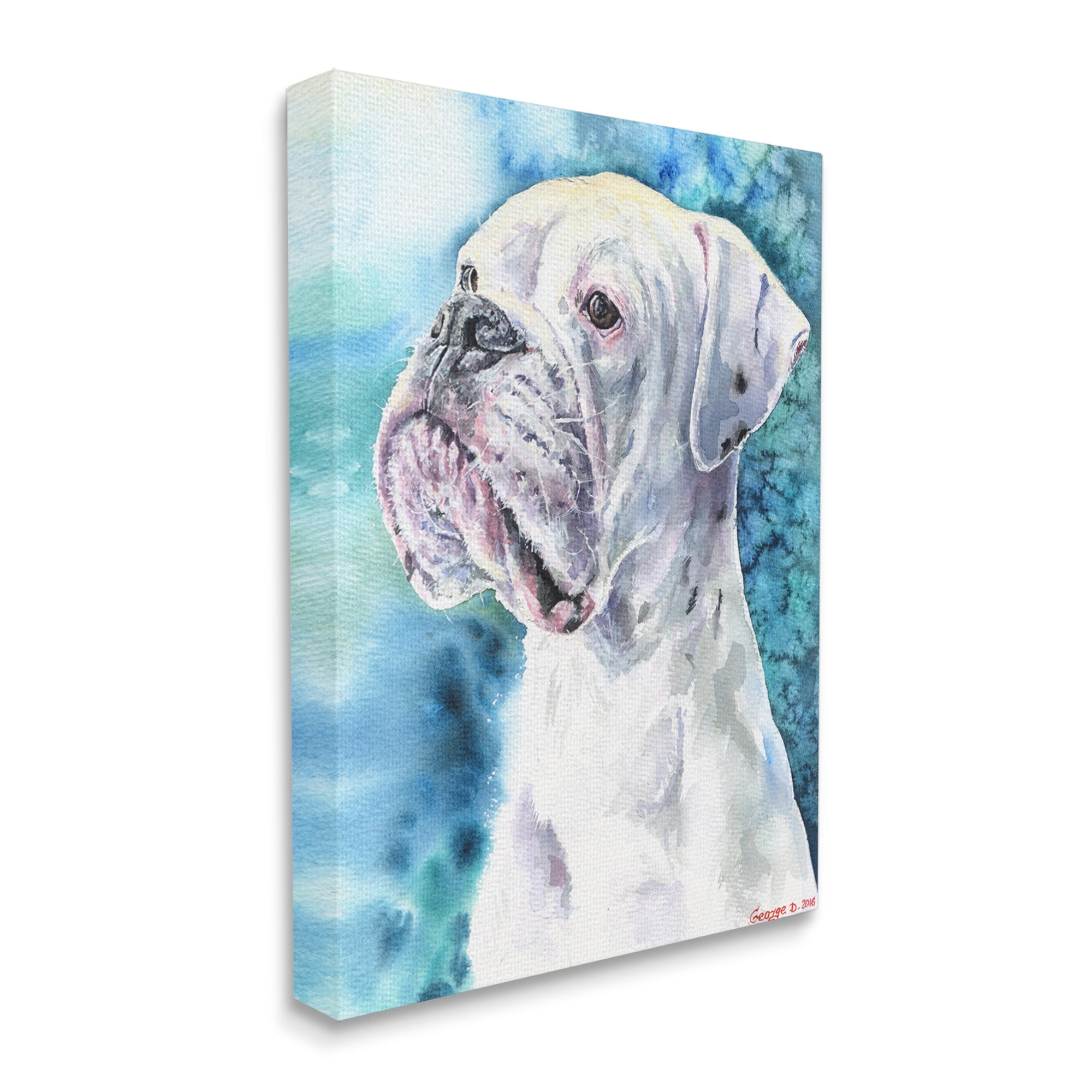 Stupell Industries White Boxer Gaze Pet Dog over Blue Canvas Wall Art, 16 x 20, Design by George Dyachenko