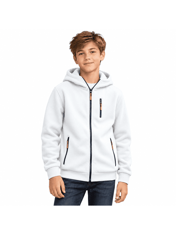 White Boys Fleece Lined Hoodie with Zipper Pockets Size 8-9 Years,Full Zip Up Sweatshirt,Outdoor Athletic Jacket for Hiking Camping Daily Work,Kids Fall Winter Clothes
