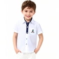 thumbnail image 1 of White Boys Short Sleeve Button Down Shirt, Cotton Collared Top with Faux Tie & Rocket Pocket for Back to School, Casual Outfits Ages 3-14 Years,Size 3-4 T, 1 of 7
