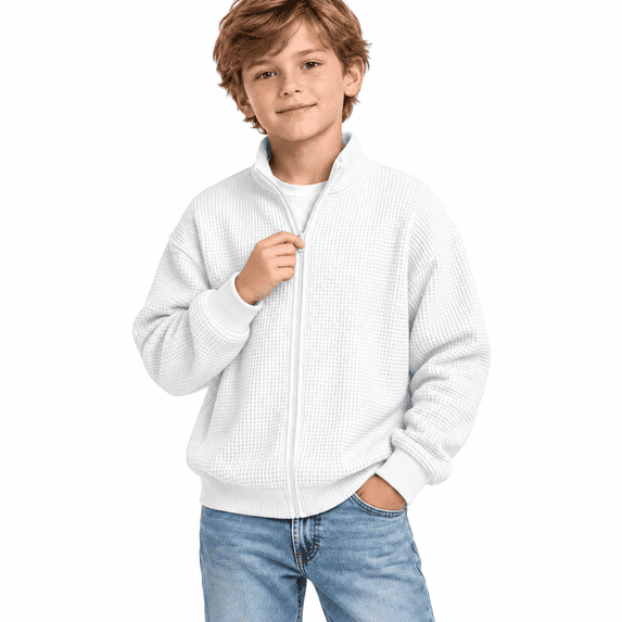 White Boys Waffle Knit Full Zip Sweatshirt Size 5-6 Years,Stand Collar Long Sleeve Jacket,Casual Athletic Tops for School Daily Wear Fall Spring Outfits