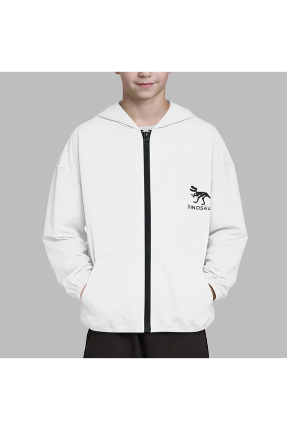 White Boys Windbreaker, Dinosaur Print Lightweight Hooded Jacket Zip Up for Play, Kids Boys Sizes 4-15 Years,Size 4-5 T