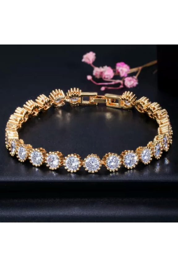 White Bracelet CZ Round Crown Tennis Chain Link Rose Gold Plated Women Bracelet