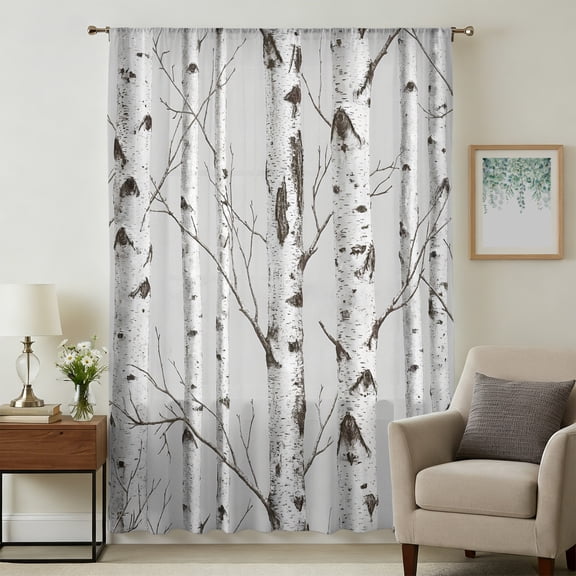 White Branch Sheer Curtains 96" Long for Living Room, Natural Tree Forest Country Mottled Trunk Plants Light Filtering Privacy Drapes, Breathable Semi Sheer Window Treatment for Bedroom Dining Room