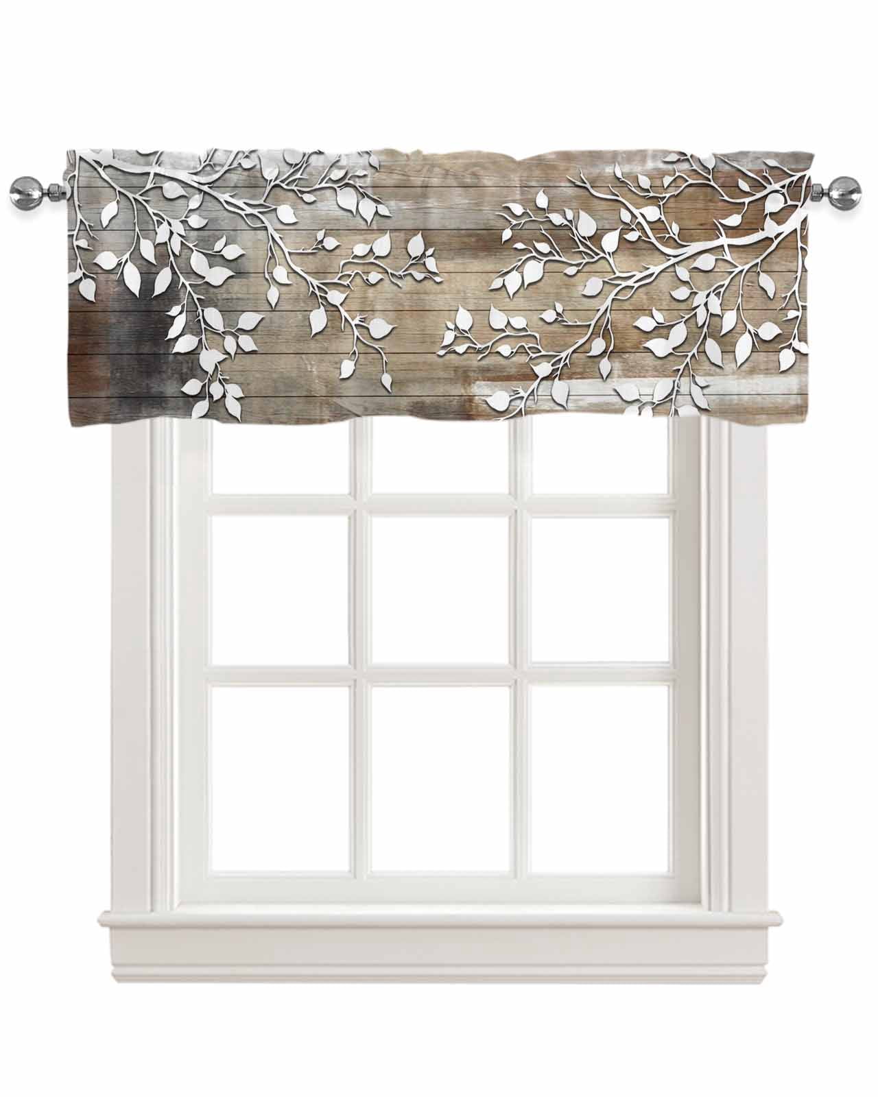 White Branches Kitchen Valances for Windows Farmhouse Linen Window Valance Curtain for Living Room Window Treatment Brown Beige Wooden Grain Valance Rod Pocket Topper Drape, 42 x 18 Inch