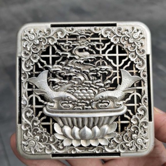 White Brass Ink Box Incense Burner Calligraphy Tool Decorative Desk Ornament for Home or Study Decor