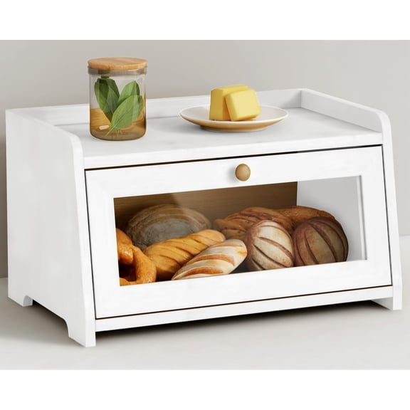 White Bread Box for Kitchen Countertop, Modern Counter Breadbox for Homemade Bread, Large Corner Bread Storage Container for Sourdough Loaf Organizers and Storage (White Bamboo Wood)