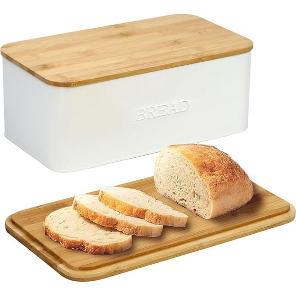 White Bread Box for Kitchen Countertop, Small Storage Container with Bamboo Lid, Modern Kitchen Organizer for Sourdough, Buns, and Loaves, Bread Storage with Cutting Board Lid