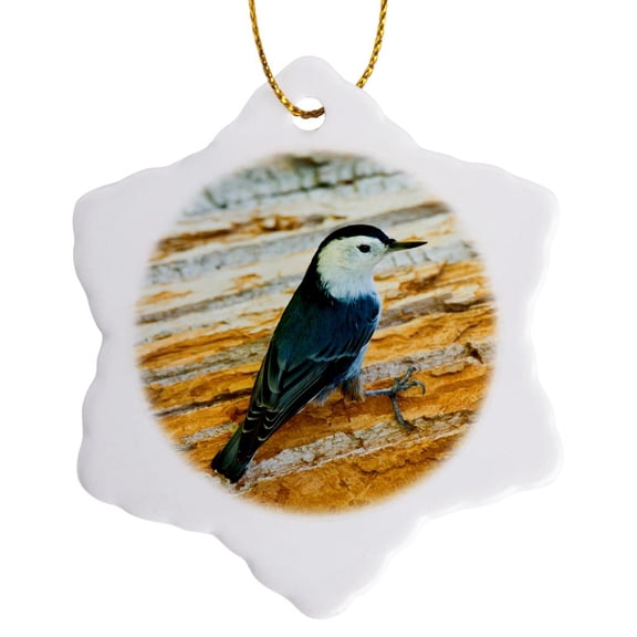 3drose, White-breasted Nuthatch, Perched on Bark of Willow Tree., 3 inch Snowflake Porcelain Ornament