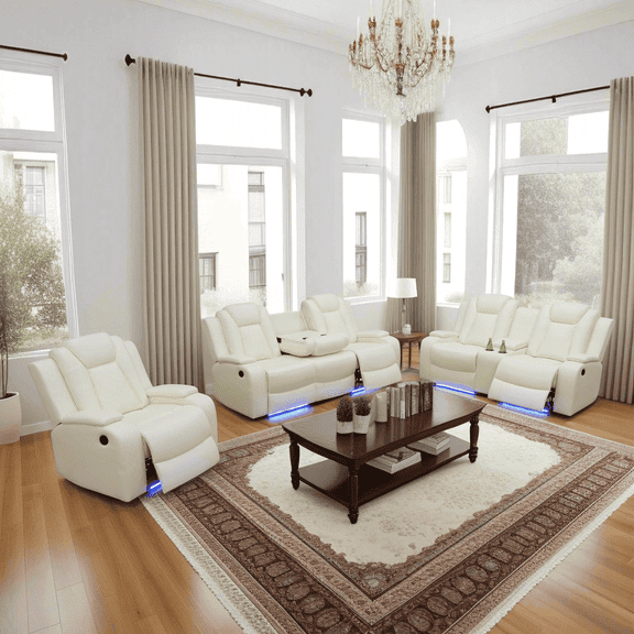 White Breathing Leather 3-Piece Living Room Recliner Sofa Set