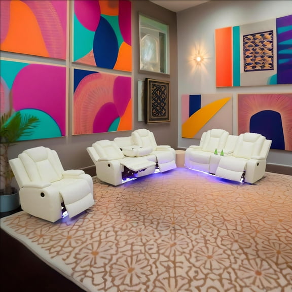 White Breathing Leather 3-Piece Living Room Recliner Sofa Set