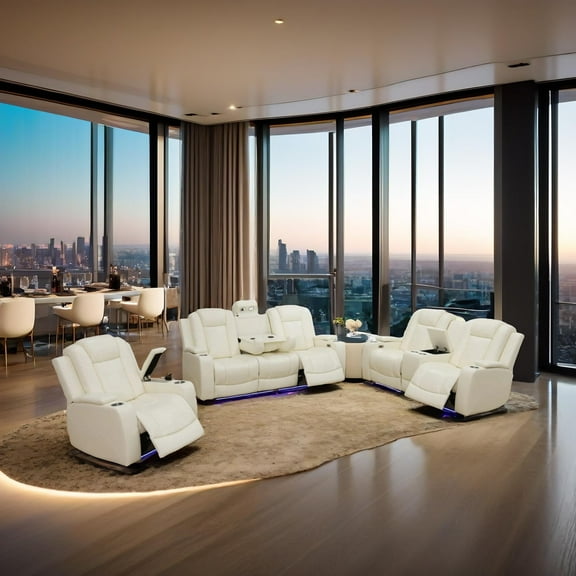 White Breathing Leather 3-Piece Living Room Recliner Sofa Set