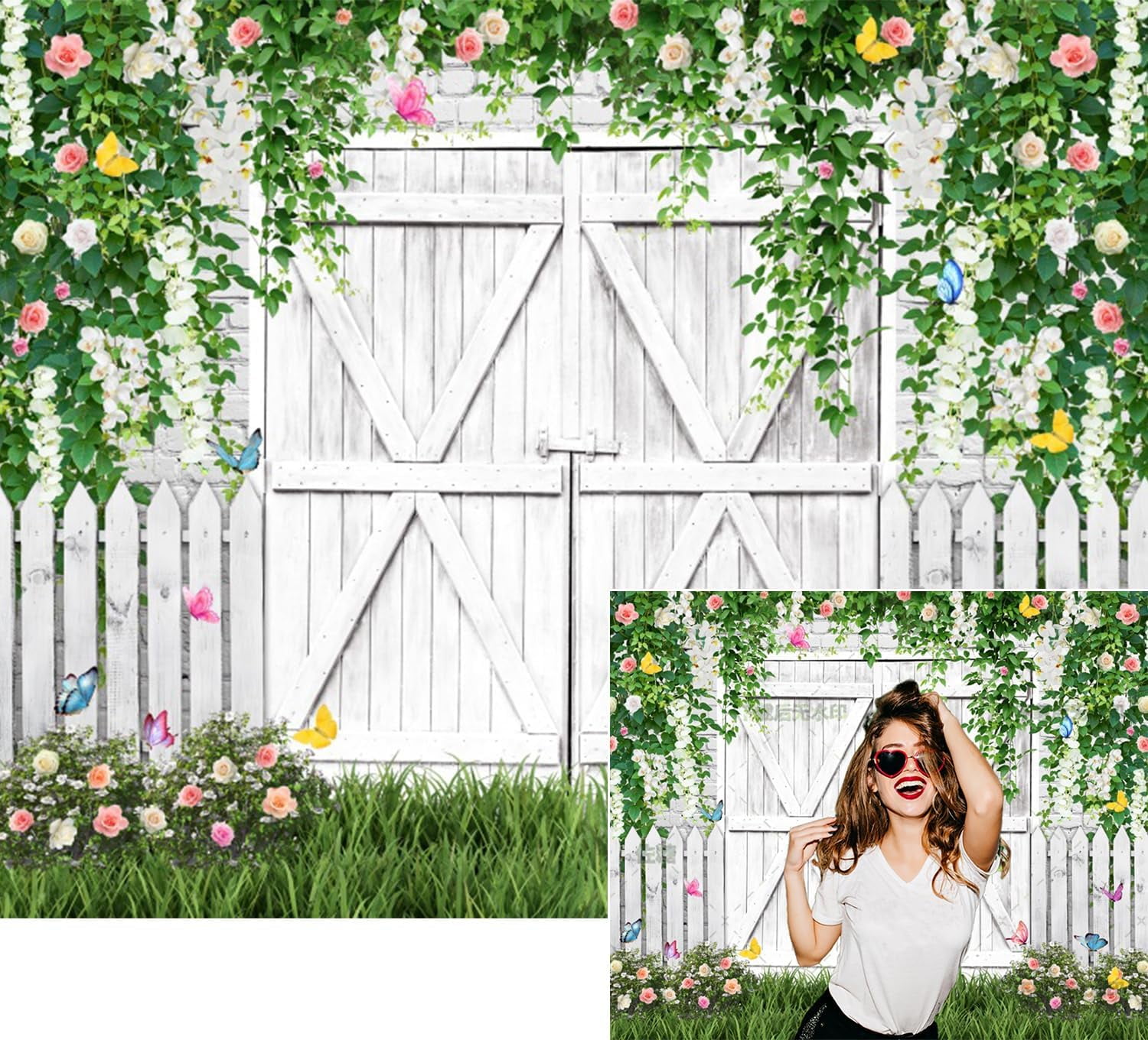 White Brick Green Leaves Flower Wall Backdrop Green Leaf Butterfly Wooden Door Wedding Photo